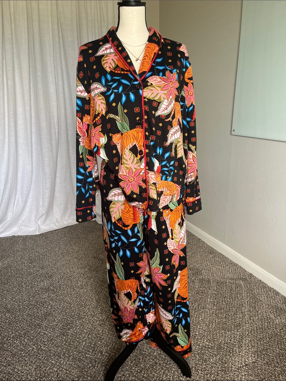 Room Service Tiger Floral Pajama Set Large Button Up Lounge Set Pockets